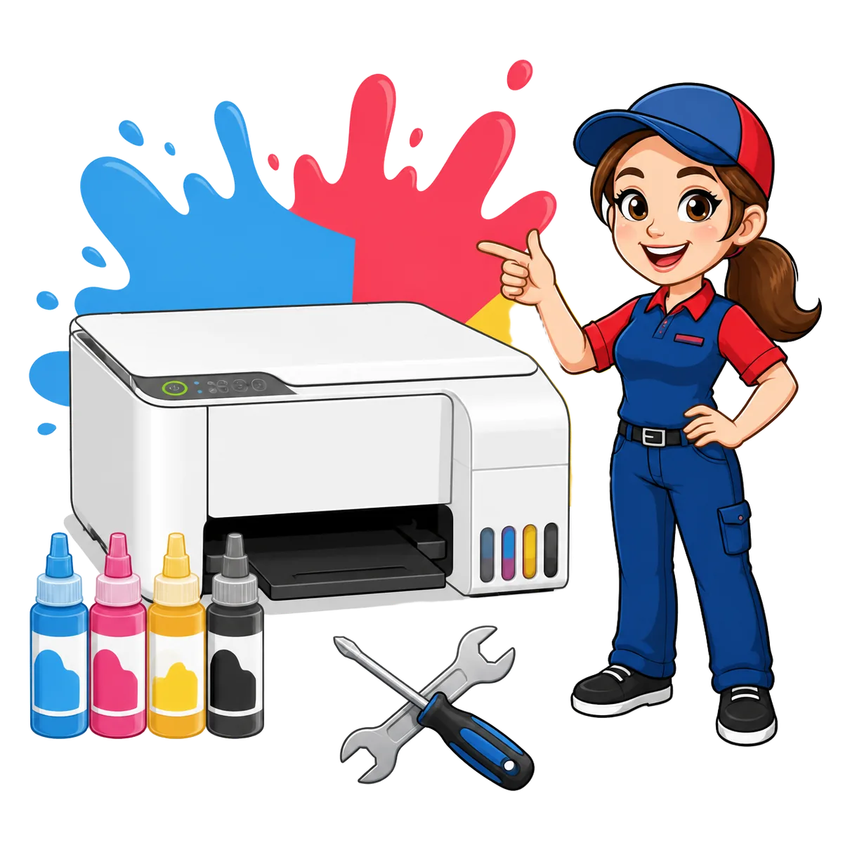 Técnica da Inkvance Soluções de Impressoras apontando para uma impressora Epson EcoTank ao lado de tintas e ferramentas